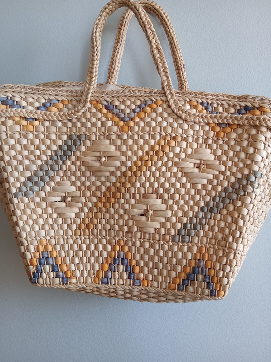 Handbags - Woven Straw Boho Tote Bag Blue Mustard Accent Beach